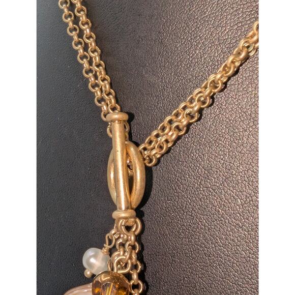 Muted Gold Tone Double Rolo Link Front Toggle Clasp Beaded Cluster 17" Necklace - Picture 3 of 6